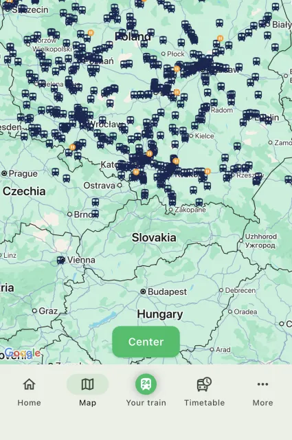 Train map in the Trainradar24 app