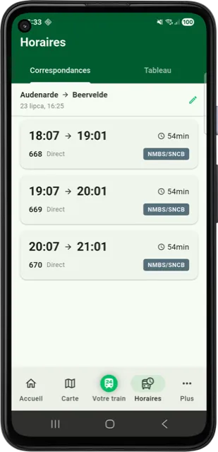 Tableau des départs Trainradar24 pour la gare d'Audenarde